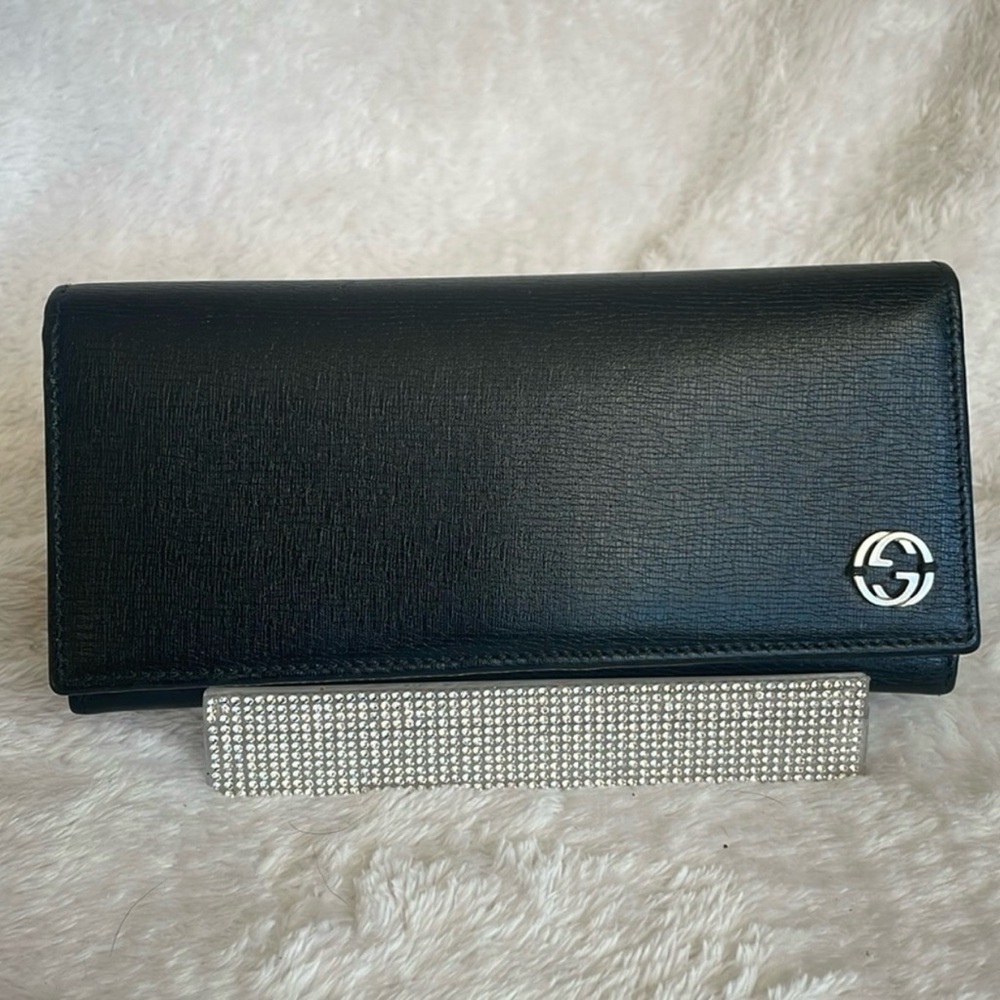 Gucci Black Long Wallet with Orange Horse Bit Pattern w/COA